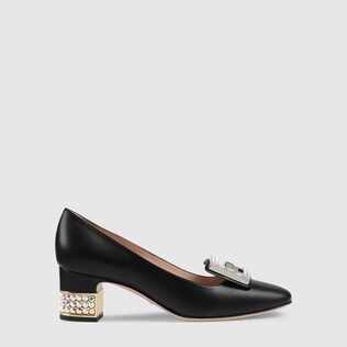 Pumps aus Leder mit mittelhohem Absatz und Kristall G