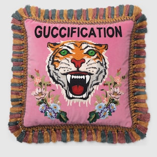 Velvet cushion with tiger embroidery