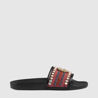 Velvet slide sandal with crystals