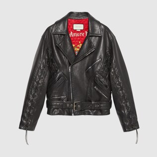 Leather jacket with Gucci mushrooms