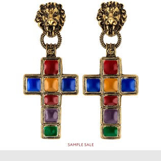 Earrings with cross pendant and lion