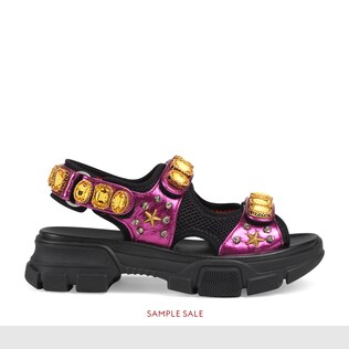 Metallic leather sandal with crystals