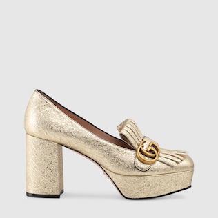 Laminate leather platform pump with fringe