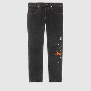 Embroidered tapered denim pant