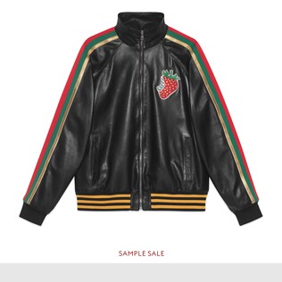 Bomberjacke aus Leder mit Gucci Strawberry