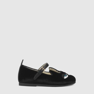 Toddler velvet ballet flat with cat motif