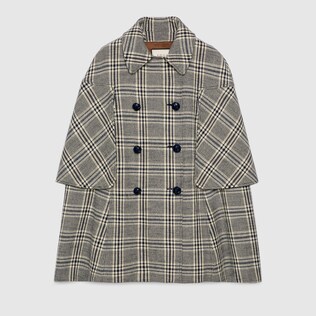 Check wool cape coat