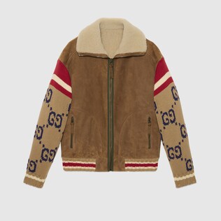 Giacca in pelle scamosciata con maniche in maglia GG