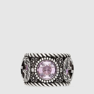 Silver ring with Interlocking G and flowers