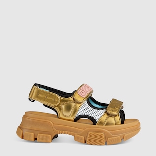 Children's metallic leather and mesh sandal