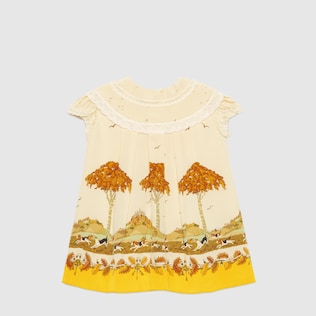 Baby dogs and trees print silk dress