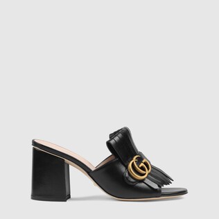 Leather mid-heel slide with Double G