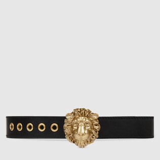 Leather belt with lion head buckle