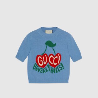 Wool crop top with cherry intarsia