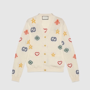 Cardigan in lino e cotone con motivo simboli jacquard