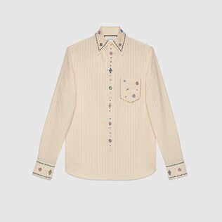 Camicia in cotone gessato Gucci con cristalli