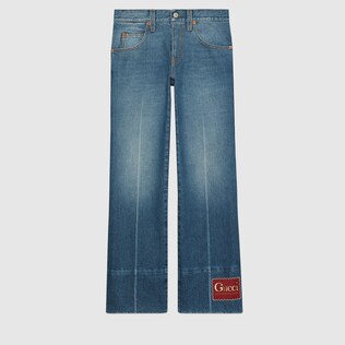 Marble washed denim flare trousers