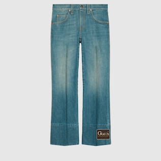 Marble stone-bleached denim flare trousers