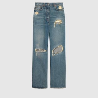 Ripped eco washed organic denim trousers