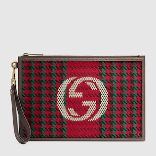 Pochette à imprimé pied-de-poule et rayures avec détail GG