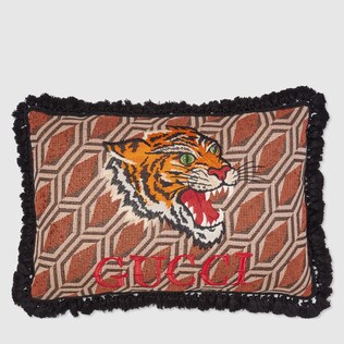 Kissen aus Tweed mit Tiger-Stickerei