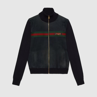 Suede and knit cotton bomber jacket