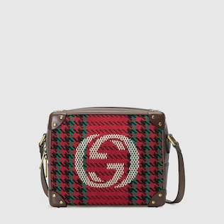 Schultertasche mit Hahnentrittmuster, Streifen und GG