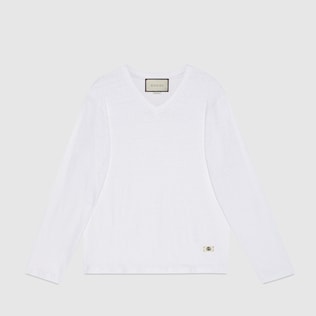 Linen V-neck T-shirt with Double G