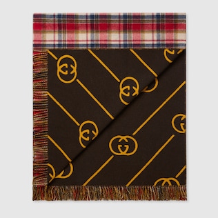 GG and check wool throw blanket