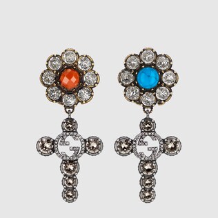 Cross and flower earrings with crystals