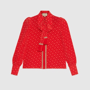 Camicia in seta GG diagonale con fiocco