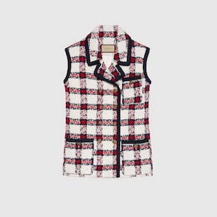 Check tweed sleeveless jacket