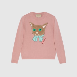 Jersey de lana con parche de gato Gucci