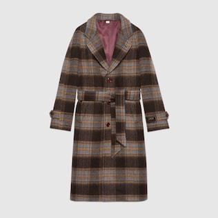 Check wool coat with Gucci label