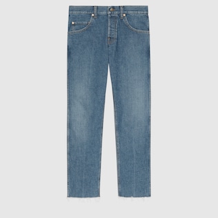 Stretch denim pant with raw cut hem