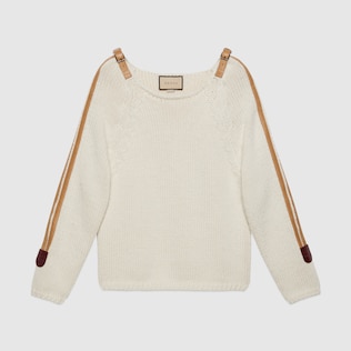 Wool knit sweater with leather detail