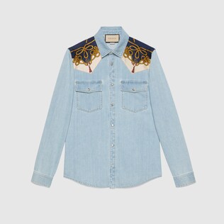 Denim shirt with torchon print