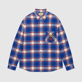Check wool shirt with Gucci cat embroidery
