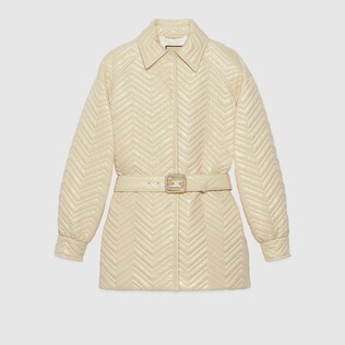 Quilted shiny nylon belt jacket