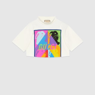 High neck bunny print cotton T-shirt