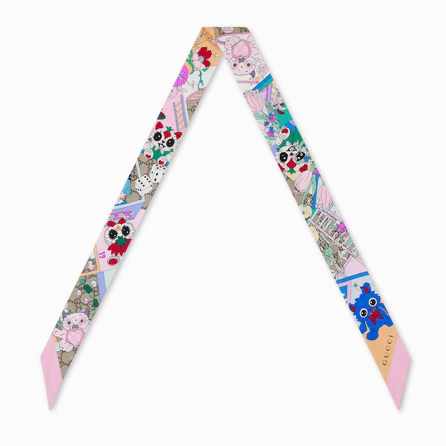 구찌 베스티즈 프린트 실크 트윌 리본