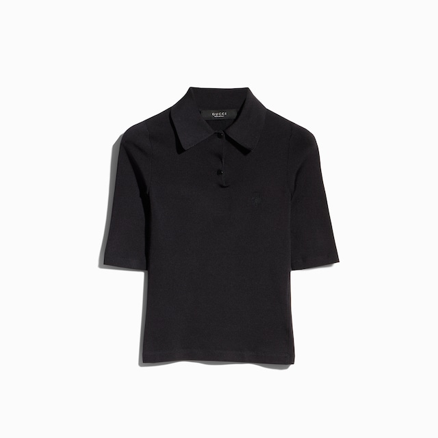 Stretch knit silk polo shirt with embroidery