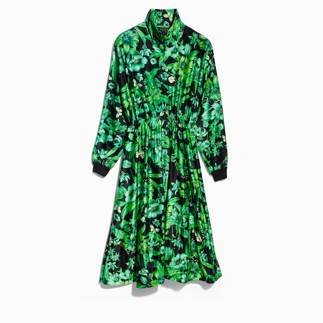 Printed shiny stretch silk long dress