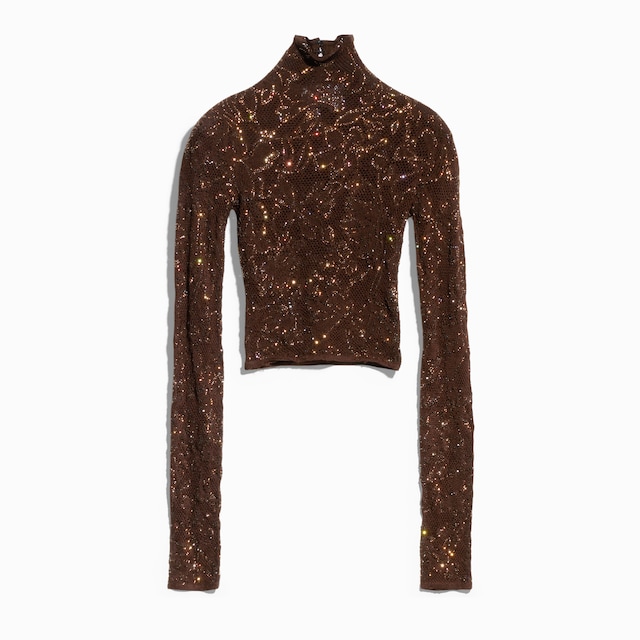Stretch knit silk lace top with crystals