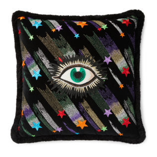Coussin en velours avec broderie œil et étoiles