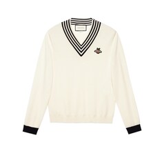 Pull en maille de laine avec col en V et abeille