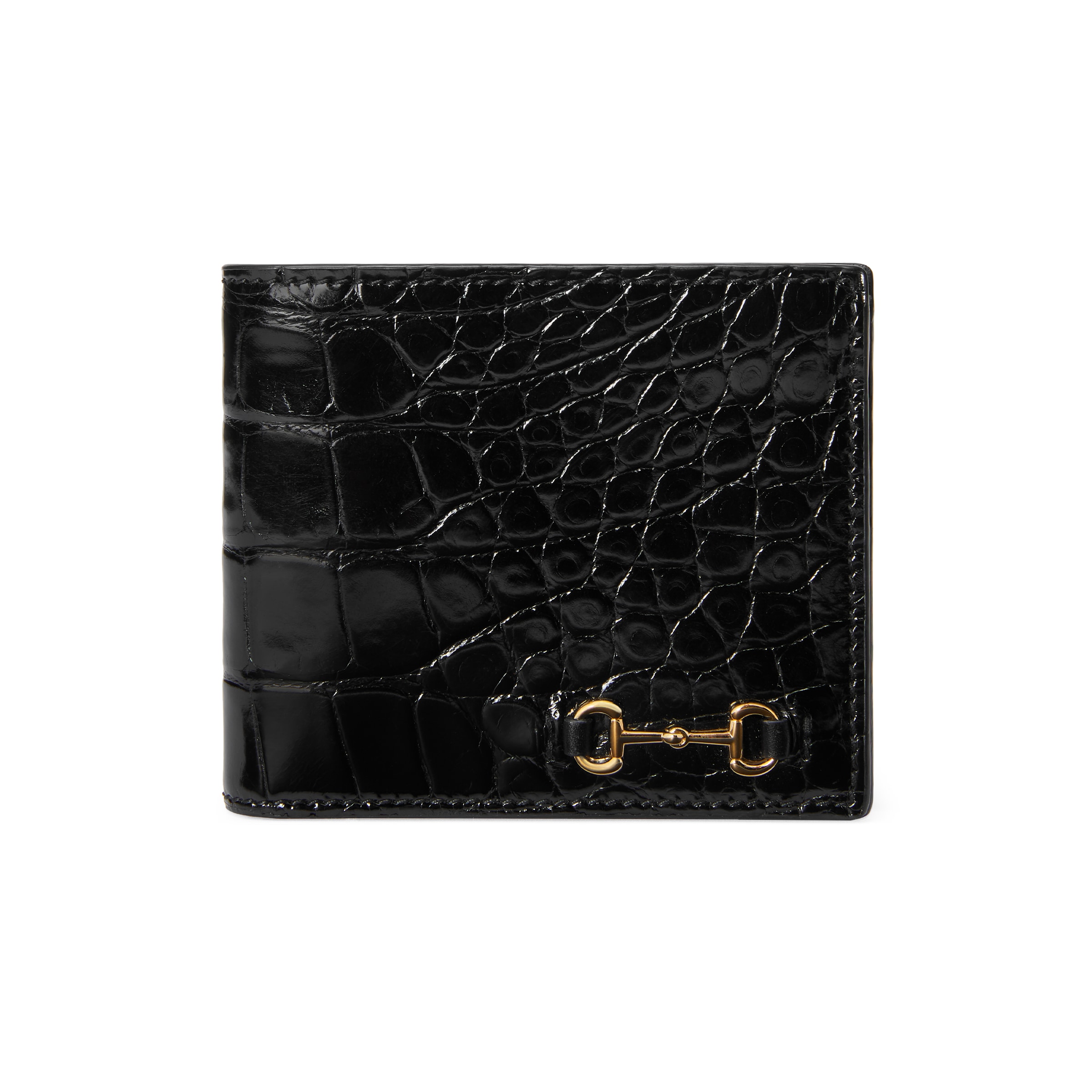 Gucci Bi-fold Crocodile Wallet With Horsebit In Black