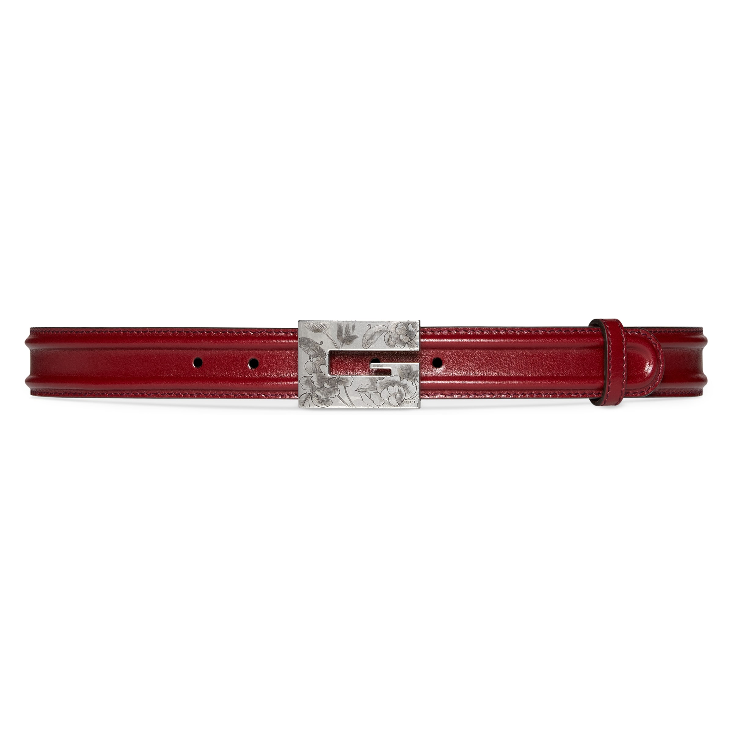 Gucci Thin Belt With Engraved Square G Buckle In Bordeaux | ModeSens 