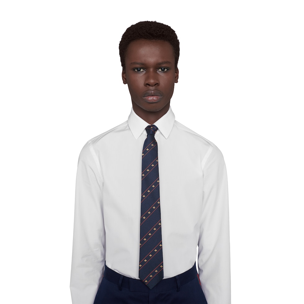 Corbata de jacquard de seda con abeja y tribanda Web