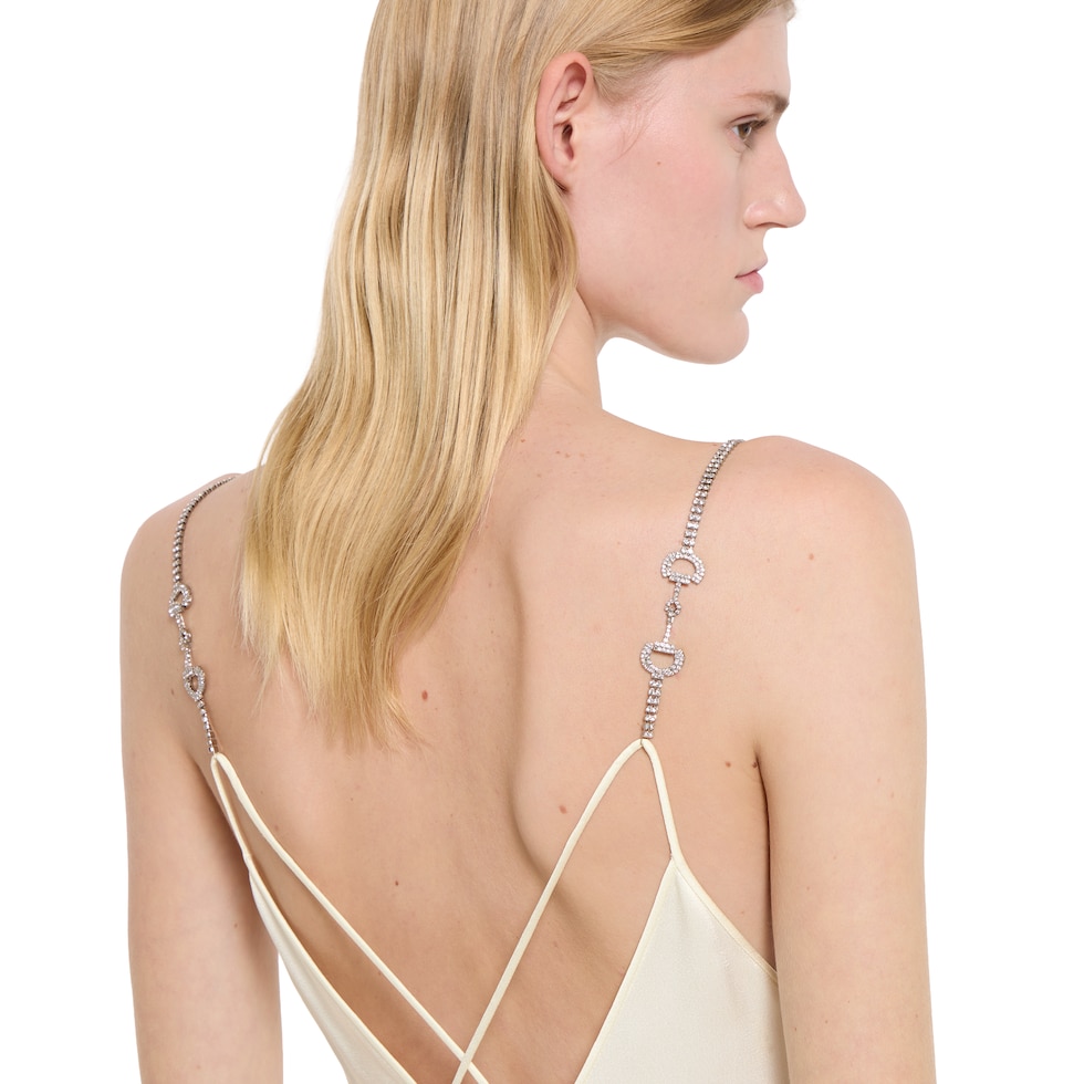 Shiny satin dress with crystal Horsebit